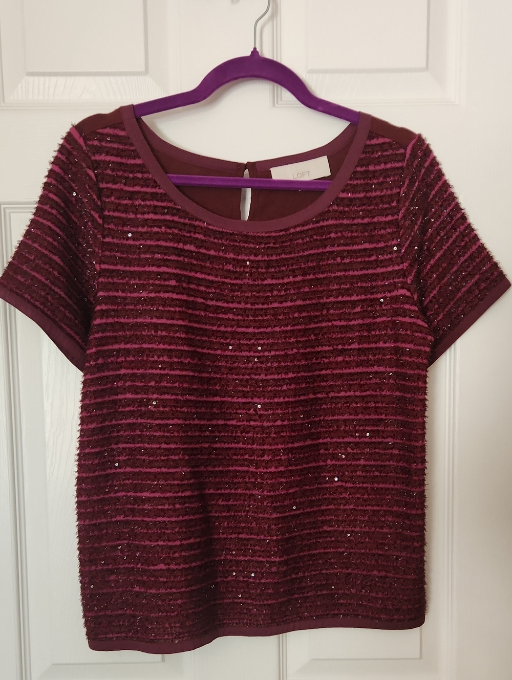 Party Business Casual LOFT Burgundy Short Sleeve Sequin Stripe Top